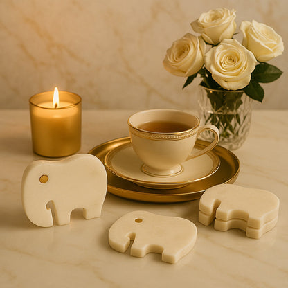 Handcrafted Elephant Marble Coasters – Brass Inlay Luxury Tableware (Set of 4) | Handcrafted by CHAAK DESIGN