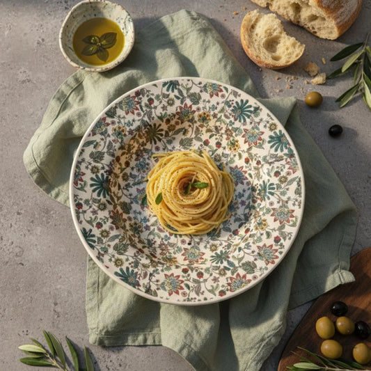 Handcrafted Floral Ceramic Pasta Plate | Vintage Botanical Dinnerware | Artisanal Serving Plate | Handcrafted by CHAAK DESIGN