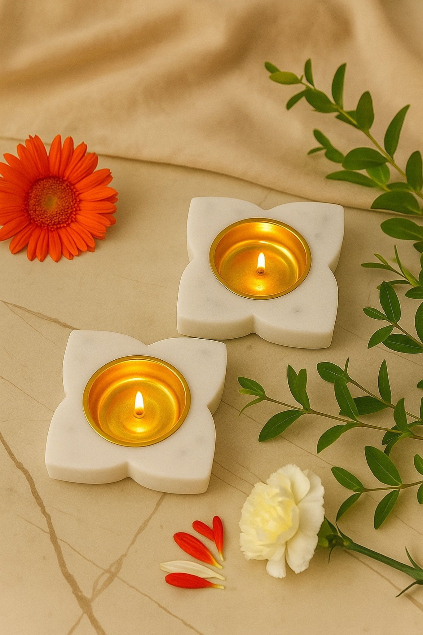 Handcrafted Floral Marble & Brass Diyas – Set of 2 | Luxury Tea Light Holders for Home Décor, Pooja, and Festive Decoration | Premium Handmade White Marble Diwali Diyas for Gifting & Mandir Use | Handcrafted by CHAAK DESIGN