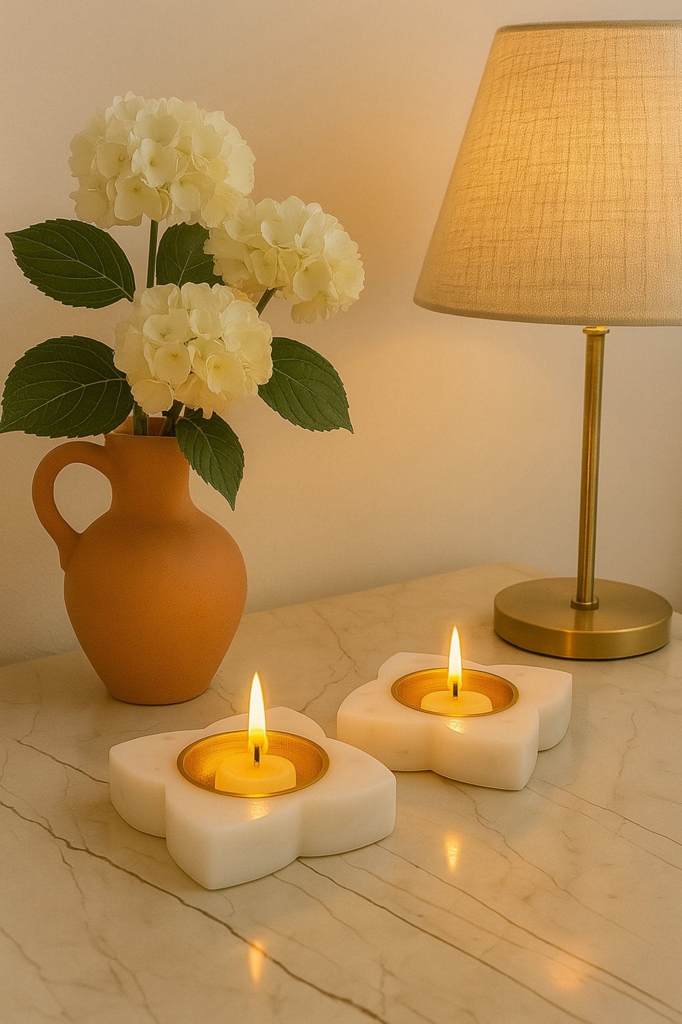 Handcrafted Floral Marble & Brass Diyas – Set of 2 | Luxury Tea Light Holders for Home Décor, Pooja, and Festive Decoration | Premium Handmade White Marble Diwali Diyas for Gifting & Mandir Use | Handcrafted by CHAAK DESIGN