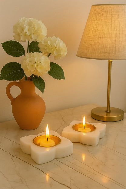 Handcrafted Floral Marble & Brass Diyas – Set of 2 | Luxury Tea Light Holders for Home Décor, Pooja, and Festive Decoration | Premium Handmade White Marble Diwali Diyas for Gifting & Mandir Use | Handcrafted by CHAAK DESIGN