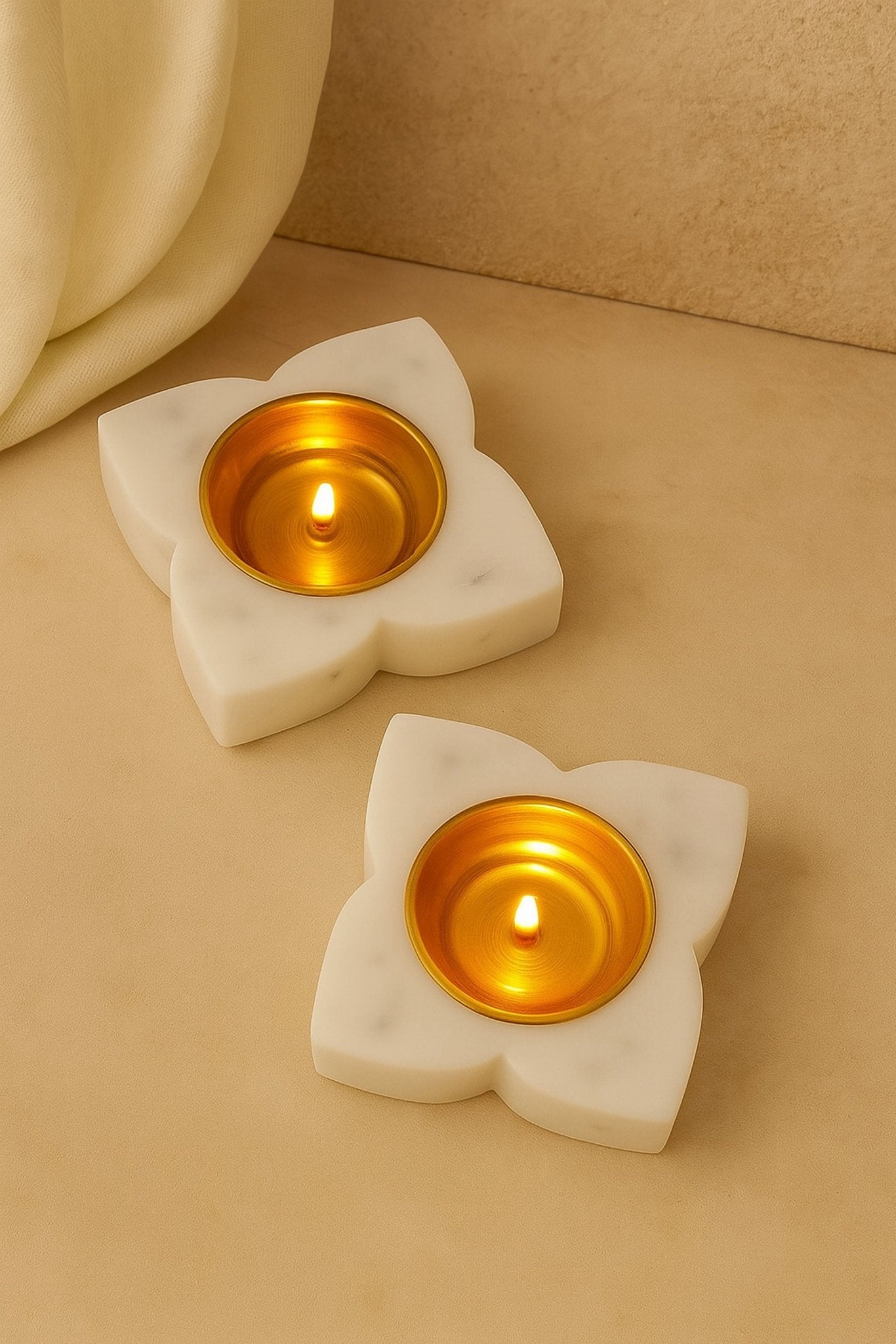 Handcrafted Floral Marble & Brass Diyas – Set of 2 | Luxury Tea Light Holders for Home Décor, Pooja, and Festive Decoration | Premium Handmade White Marble Diwali Diyas for Gifting & Mandir Use | Handcrafted by CHAAK DESIGN