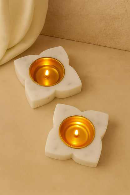 Handcrafted Floral Marble & Brass Diyas – Set of 2 | Luxury Tea Light Holders for Home Décor, Pooja, and Festive Decoration | Premium Handmade White Marble Diwali Diyas for Gifting & Mandir Use | Handcrafted by CHAAK DESIGN