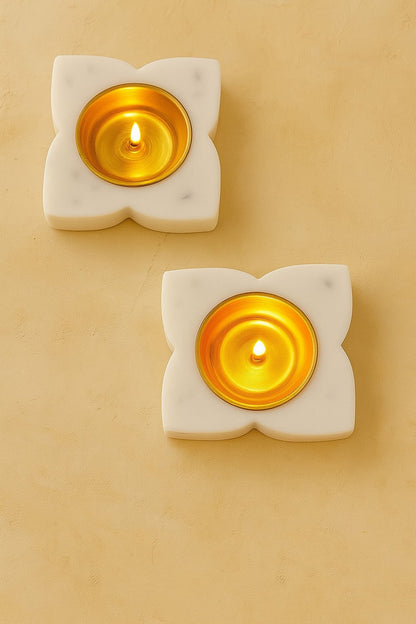 Handcrafted Floral Marble & Brass Diyas – Set of 2 | Luxury Tea Light Holders for Home Décor, Pooja, and Festive Decoration | Premium Handmade White Marble Diwali Diyas for Gifting & Mandir Use | Handcrafted by CHAAK DESIGN