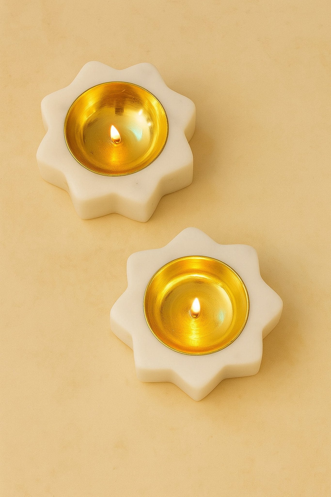 Handcrafted Floral Marble & Brass Diyas – Set of 2 | Luxury Tea Light Holders for Pooja, Home Décor & Festive Decoration | Premium White Marble Diwali Diyas for Gifting & Mandir Use | Handcrafted by CHAAK DESIGN