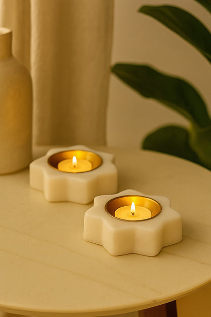 Handcrafted Floral Marble & Brass Diyas – Set of 2 | Luxury Tea Light Holders for Pooja, Home Décor & Festive Decoration | Premium White Marble Diwali Diyas for Gifting & Mandir Use | Handcrafted by CHAAK DESIGN