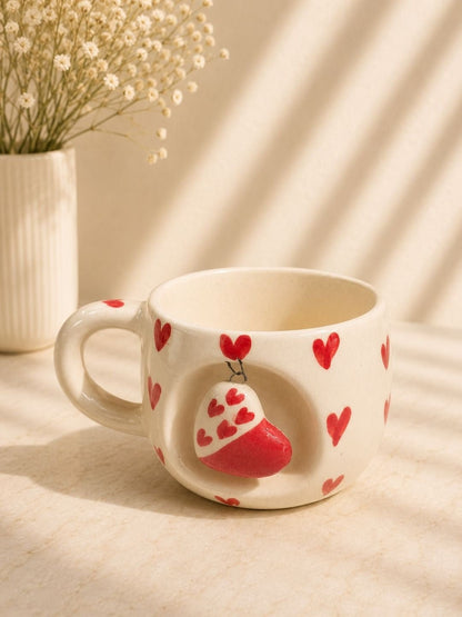 Handcrafted Heart Charm Ceramic Coffee Mug | Cute Hand-Painted Love Mug | Artisan Tea & Coffee Mug | 300 ml | Handcrafted by CHAAK DESIGN