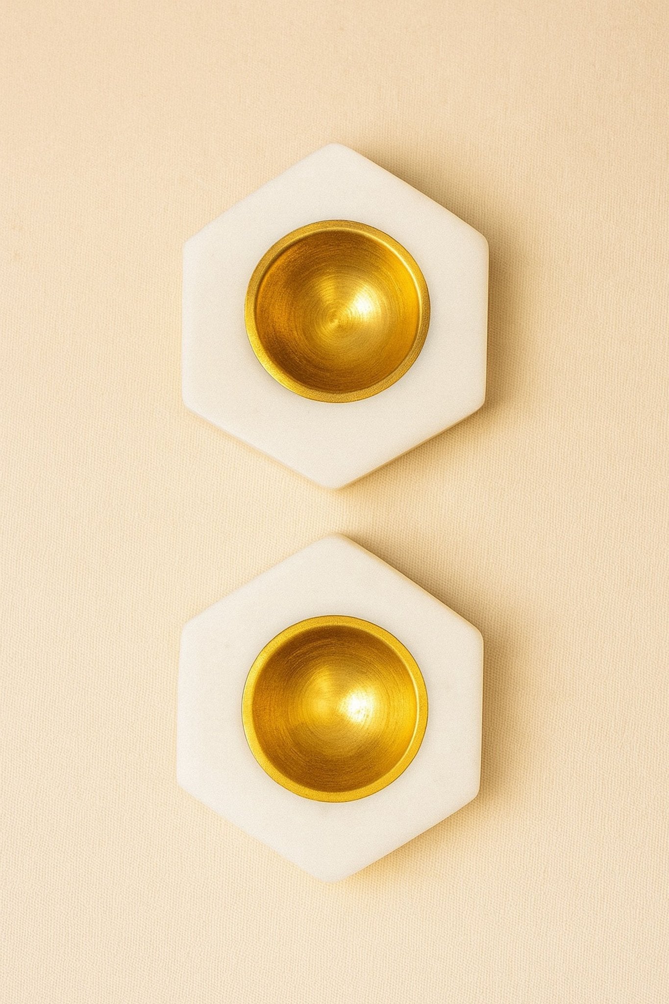 Handcrafted Hexagonal Marble & Brass Diyas – Set of 2 | Luxury Tea Light Holders for Home Décor, Pooja & Festive Decoration | Premium Handmade White Marble Diwali Diyas for Gifting & Mandir Use | Handcrafted by CHAAK DESIGN