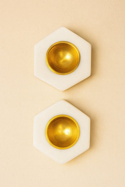 Handcrafted Hexagonal Marble & Brass Diyas – Set of 2 | Luxury Tea Light Holders for Home Décor, Pooja & Festive Decoration | Premium Handmade White Marble Diwali Diyas for Gifting & Mandir Use | Handcrafted by CHAAK DESIGN