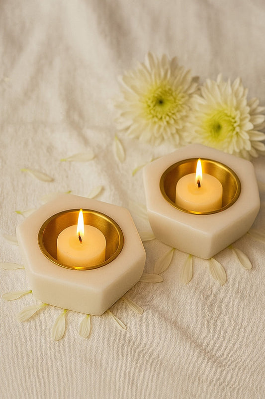 Handcrafted Hexagonal Marble & Brass Diyas – Set of 2 | Luxury Tea Light Holders for Home Décor, Pooja & Festive Decoration | Premium Handmade White Marble Diwali Diyas for Gifting & Mandir Use | Handcrafted by CHAAK DESIGN