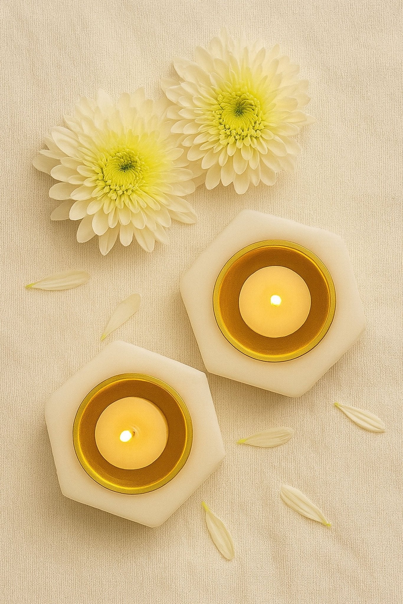 Handcrafted Hexagonal Marble & Brass Diyas – Set of 2 | Luxury Tea Light Holders for Home Décor, Pooja & Festive Decoration | Premium Handmade White Marble Diwali Diyas for Gifting & Mandir Use | Handcrafted by CHAAK DESIGN