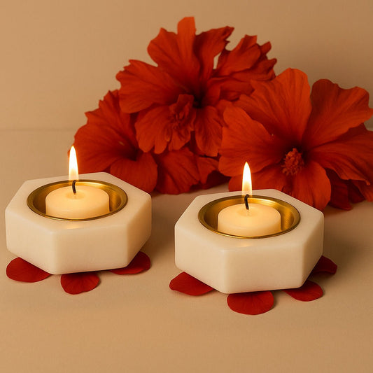 Handcrafted Hexagonal Marble & Brass Diyas – Set of 2 | Luxury Tea Light Holders for Home Décor, Pooja & Festive Decoration | Premium Handmade White Marble Diwali Diyas for Gifting & Mandir Use | Handcrafted by CHAAK DESIGN