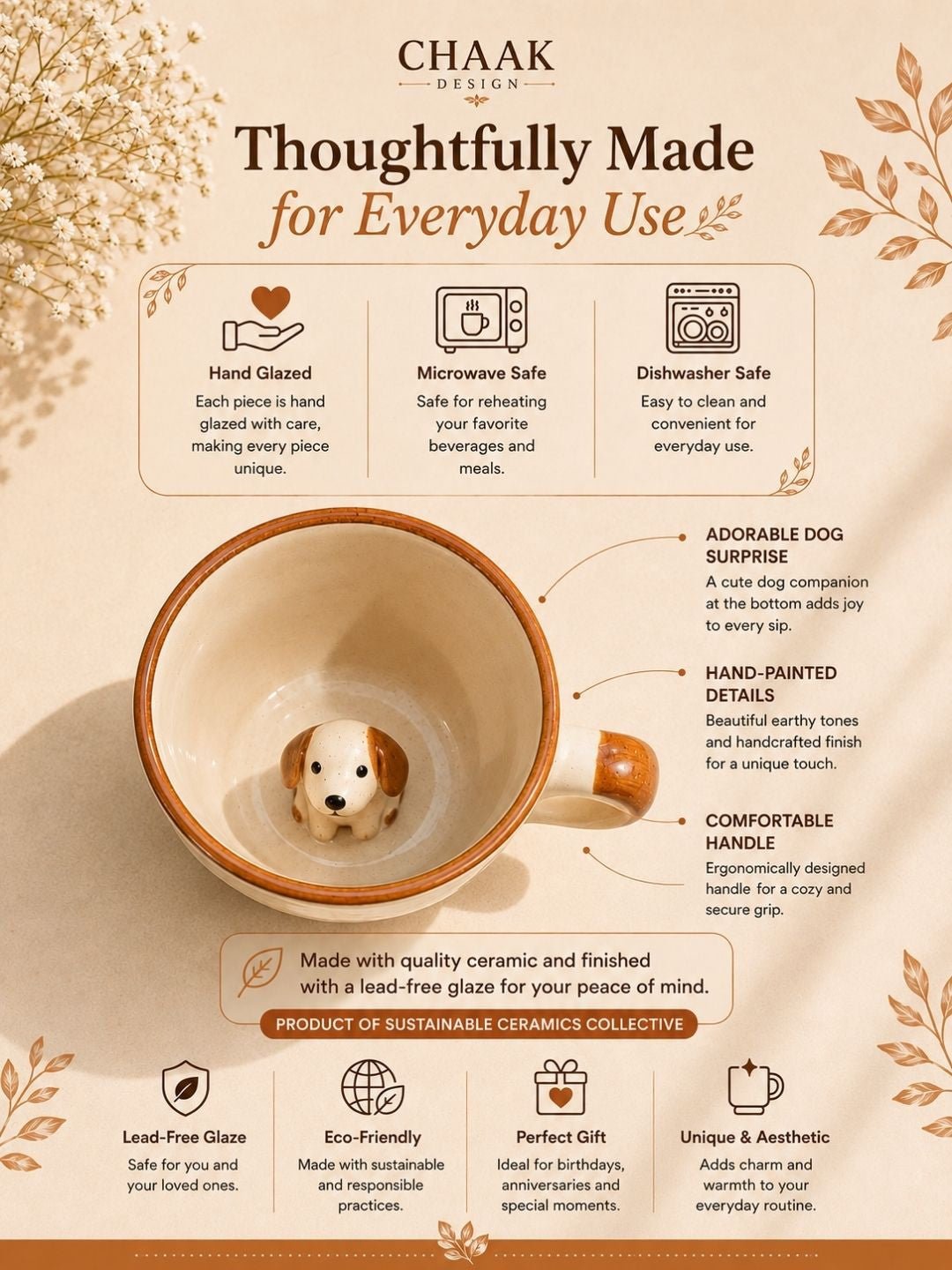 Handcrafted Hidden Puppy Ceramic Coffee Mug | Cute Dog Surprise Mug | Hand-Painted Artisan Tea & Coffee Mug | 300 ml | Handcrafted by CHAAK DESIGN