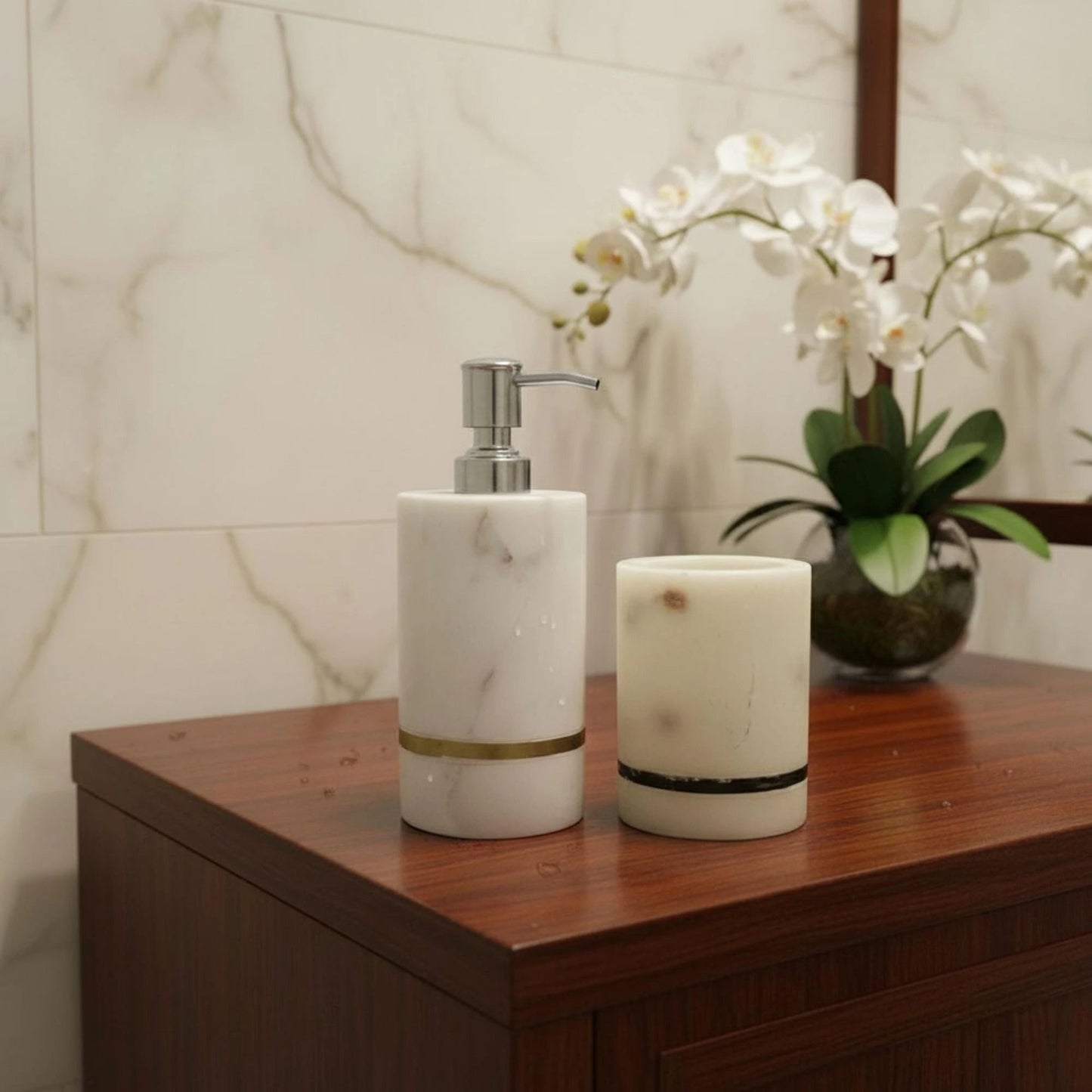 Handcrafted Marble Soap Dispenser Set with pure brass inlay | Luxury Bathroom Accessories | Handcrafted by CHAAK DESIGN