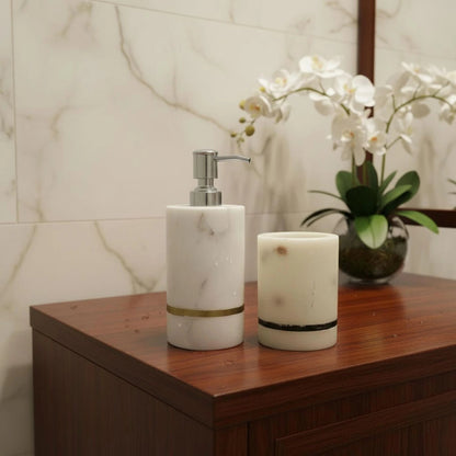 Handcrafted Marble Soap Dispenser Set with pure brass inlay | Luxury Bathroom Accessories | Handcrafted by CHAAK DESIGN