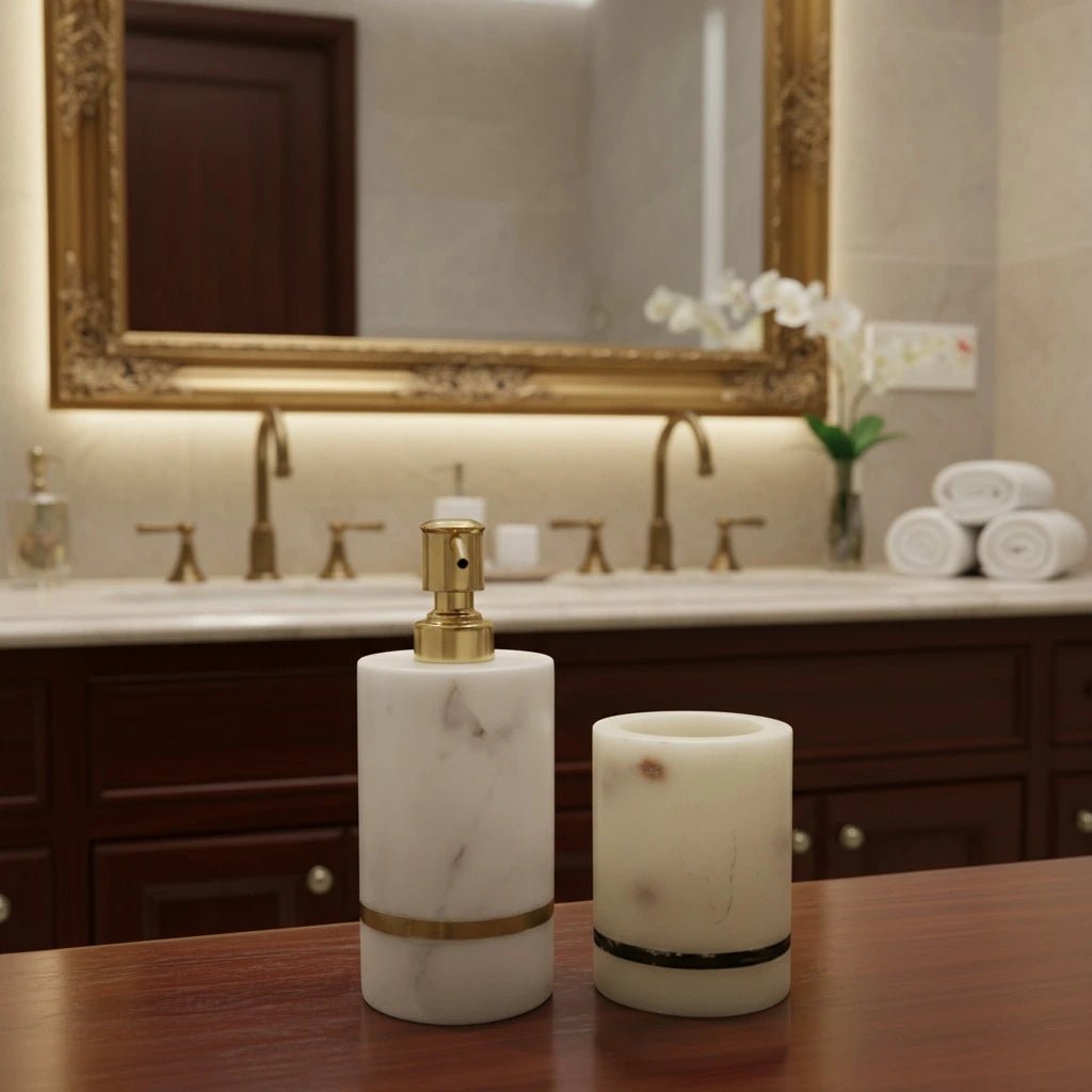 Handcrafted Marble Soap Dispenser Set with pure brass inlay | Luxury Bathroom Accessories | Handcrafted by CHAAK DESIGN