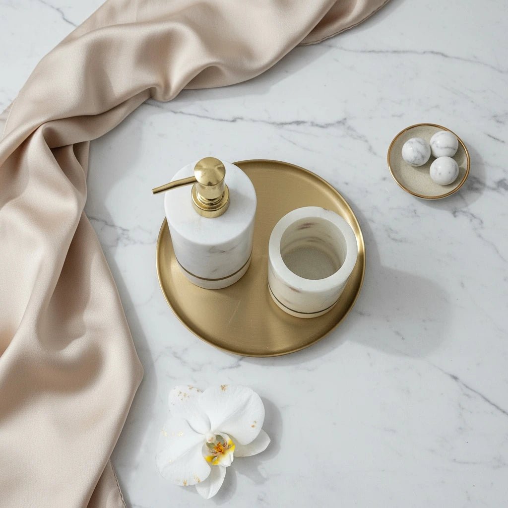 Handcrafted Marble Soap Dispenser Set with pure brass inlay | Luxury Bathroom Accessories | Handcrafted by CHAAK DESIGN