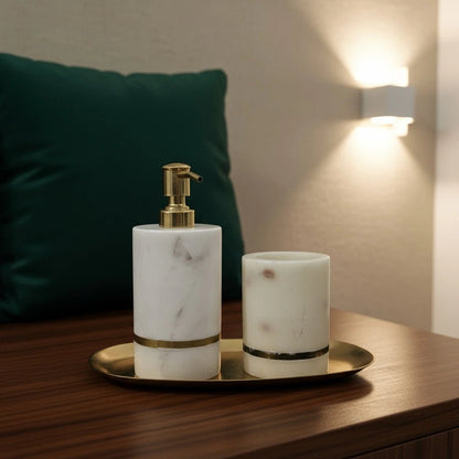 Handcrafted Marble Soap Dispenser Set with pure brass inlay | Luxury Bathroom Accessories | Handcrafted by CHAAK DESIGN