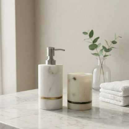Handcrafted Marble Soap Dispenser Set with pure brass inlay | Luxury Bathroom Accessories | Handcrafted by CHAAK DESIGN