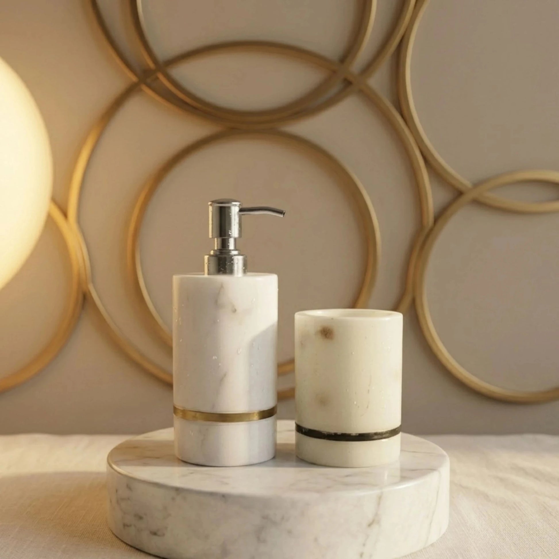 Handcrafted Marble Soap Dispenser Set with pure brass inlay | Luxury Bathroom Accessories | Handcrafted by CHAAK DESIGN