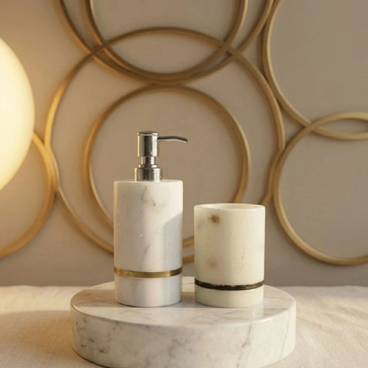 Handcrafted Marble Soap Dispenser Set with pure brass inlay | Luxury Bathroom Accessories | Handcrafted by CHAAK DESIGN