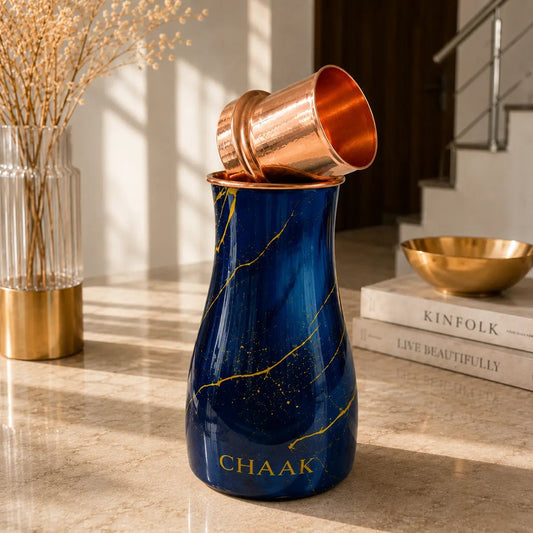 Handcrafted Midnight Blue Marble Copper Bedside Tumbler with Inbuilt Copper Glass | Luxury Water Carafe by Chaak Design | Handcrafted by CHAAK DESIGN