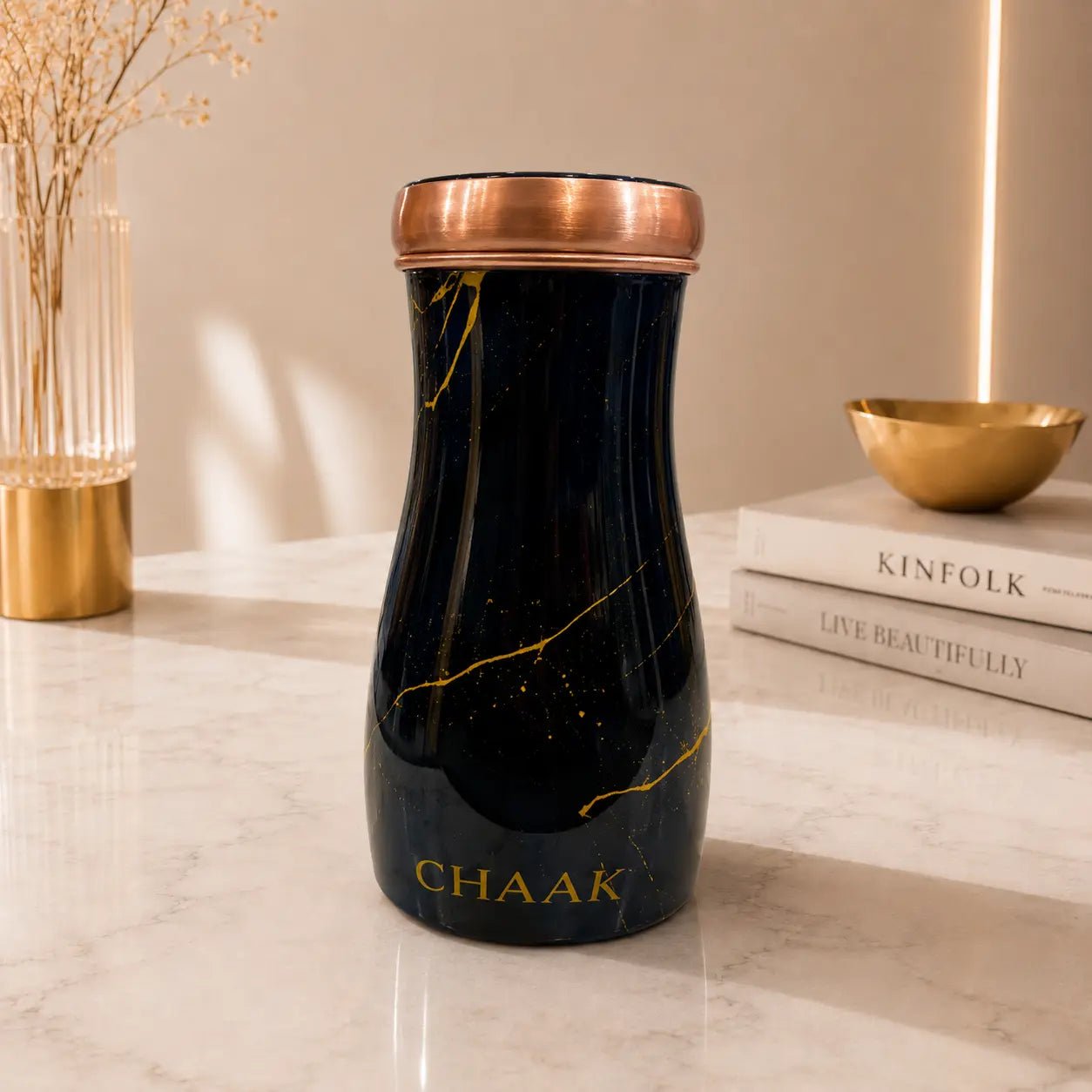 Handcrafted Midnight Blue Marble Copper Bedside Tumbler with Inbuilt Copper Glass | Luxury Water Carafe by Chaak Design | Handcrafted by CHAAK DESIGN