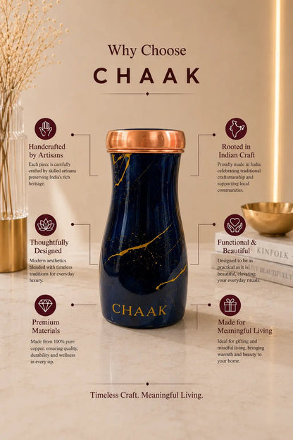 Handcrafted Midnight Blue Marble Copper Bedside Tumbler with Inbuilt Copper Glass | Luxury Water Carafe by Chaak Design | Handcrafted by CHAAK DESIGN