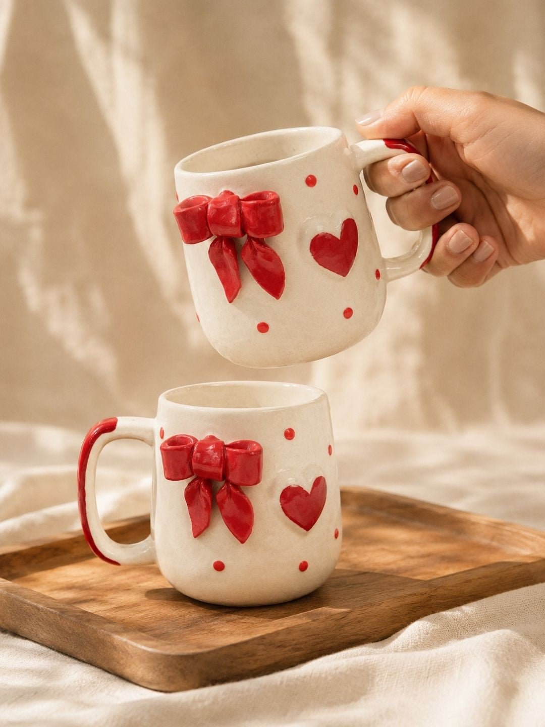Handcrafted Red Bow Ceramic Coffee Mug | Cute Heart Tea & Coffee Mug | Hand-Painted Artisan Mug | 300 ml | Handcrafted by CHAAK DESIGN