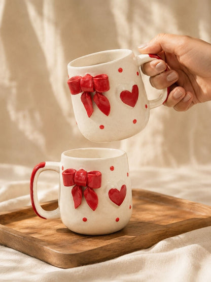 Handcrafted Red Bow Ceramic Coffee Mug | Cute Heart Tea & Coffee Mug | Hand-Painted Artisan Mug | 300 ml | Handcrafted by CHAAK DESIGN