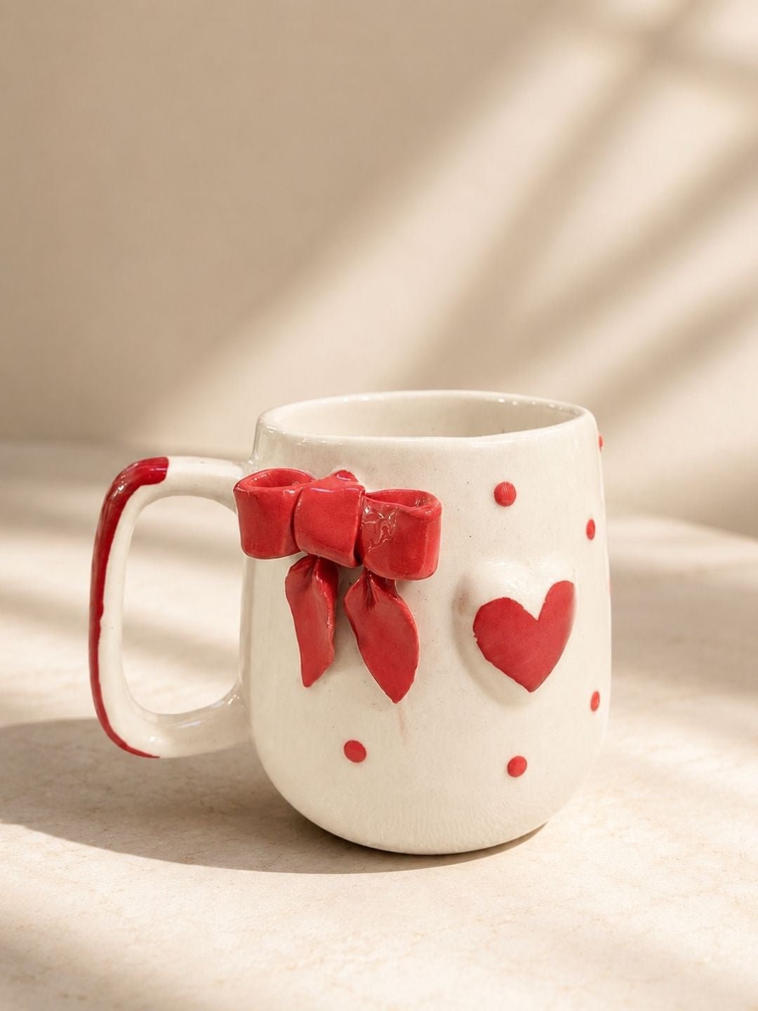 Handcrafted Red Bow Ceramic Coffee Mug | Cute Heart Tea & Coffee Mug | Hand-Painted Artisan Mug | 300 ml | Handcrafted by CHAAK DESIGN