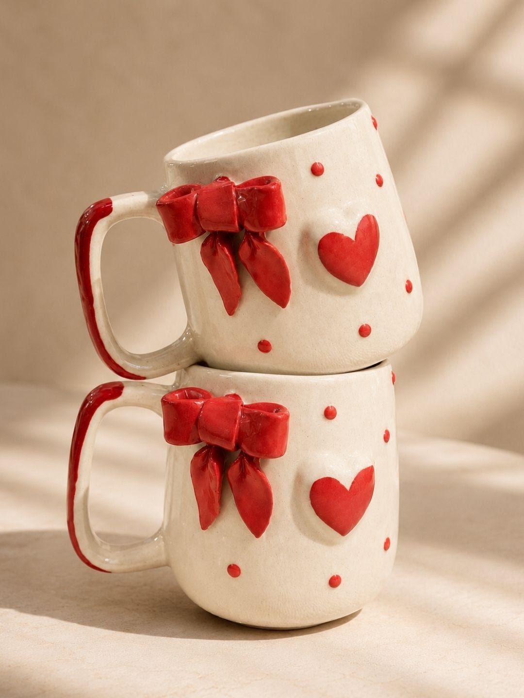 Handcrafted Red Bow Ceramic Coffee Mug | Cute Heart Tea & Coffee Mug | Hand-Painted Artisan Mug | 300 ml | Handcrafted by CHAAK DESIGN