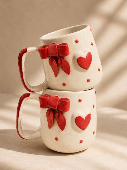 Handcrafted Red Bow Ceramic Coffee Mug | Cute Heart Tea & Coffee Mug | Hand-Painted Artisan Mug | 300 ml | Handcrafted by CHAAK DESIGN
