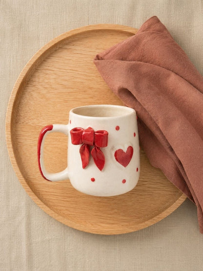 Handcrafted Red Bow Ceramic Coffee Mug | Cute Heart Tea & Coffee Mug | Hand-Painted Artisan Mug | 300 ml | Handcrafted by CHAAK DESIGN