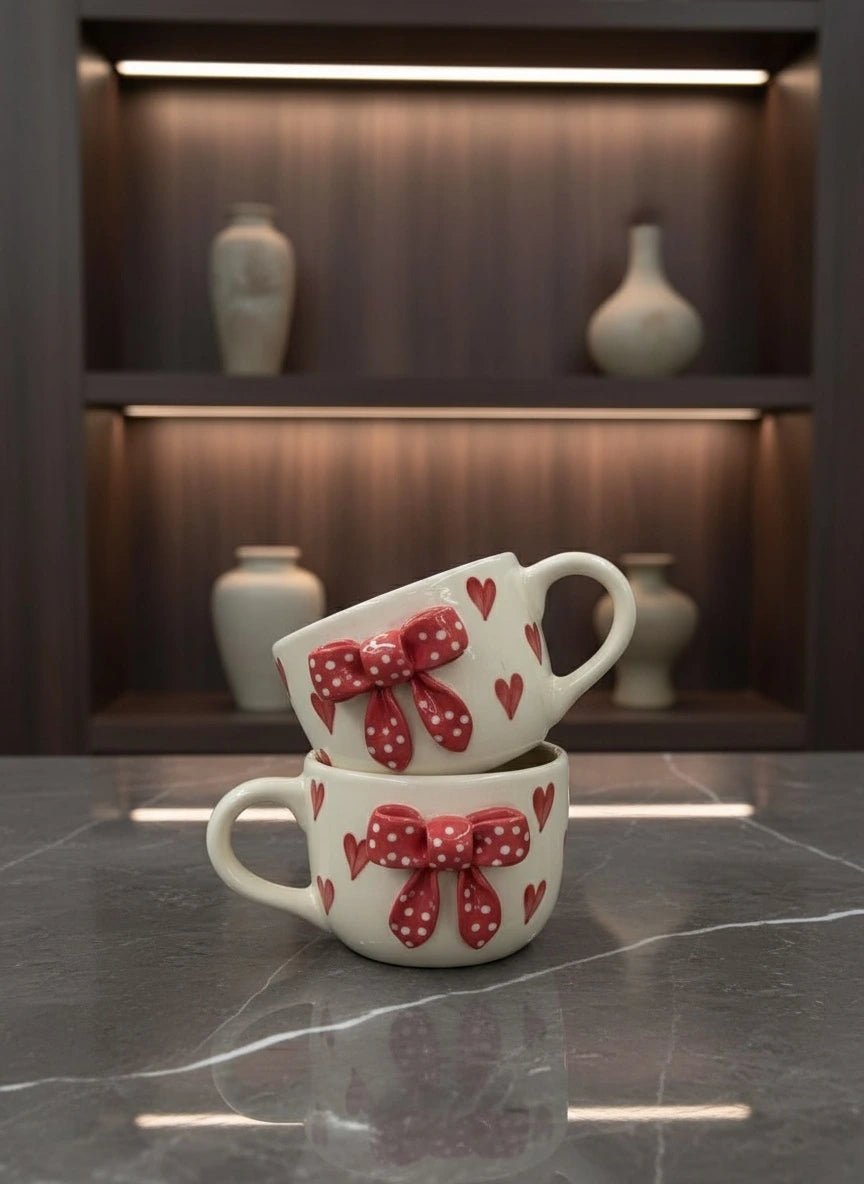 Handcrafted Red Bow Ceramic Mug with Hearts | Artisan Coffee & Tea Cup | Handcrafted by CHAAK DESIGN