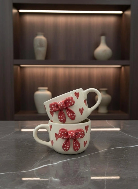 Handcrafted Red Bow Ceramic Mug with Hearts | Artisan Coffee & Tea Cup | Handcrafted by CHAAK DESIGN