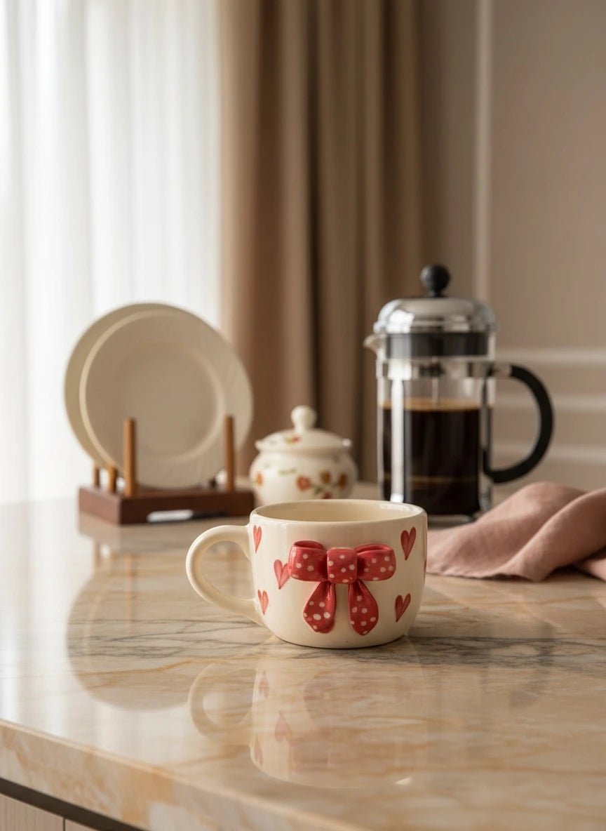 Handcrafted Red Bow Ceramic Mug with Hearts | Artisan Coffee & Tea Cup | Handcrafted by CHAAK DESIGN