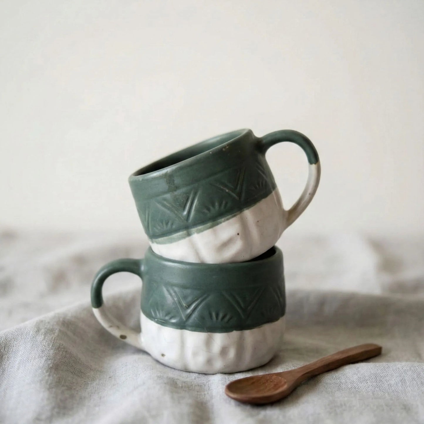 Handcrafted Sage Green Two - Tone Ceramic Mug – Embossed Earth & Sky Collection | Handcrafted by CHAAK DESIGN