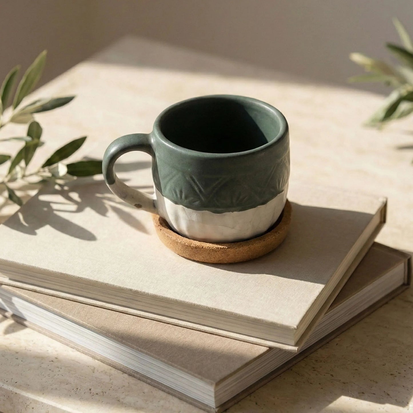 Handcrafted Sage Green Two - Tone Ceramic Mug – Embossed Earth & Sky Collection | Handcrafted by CHAAK DESIGN