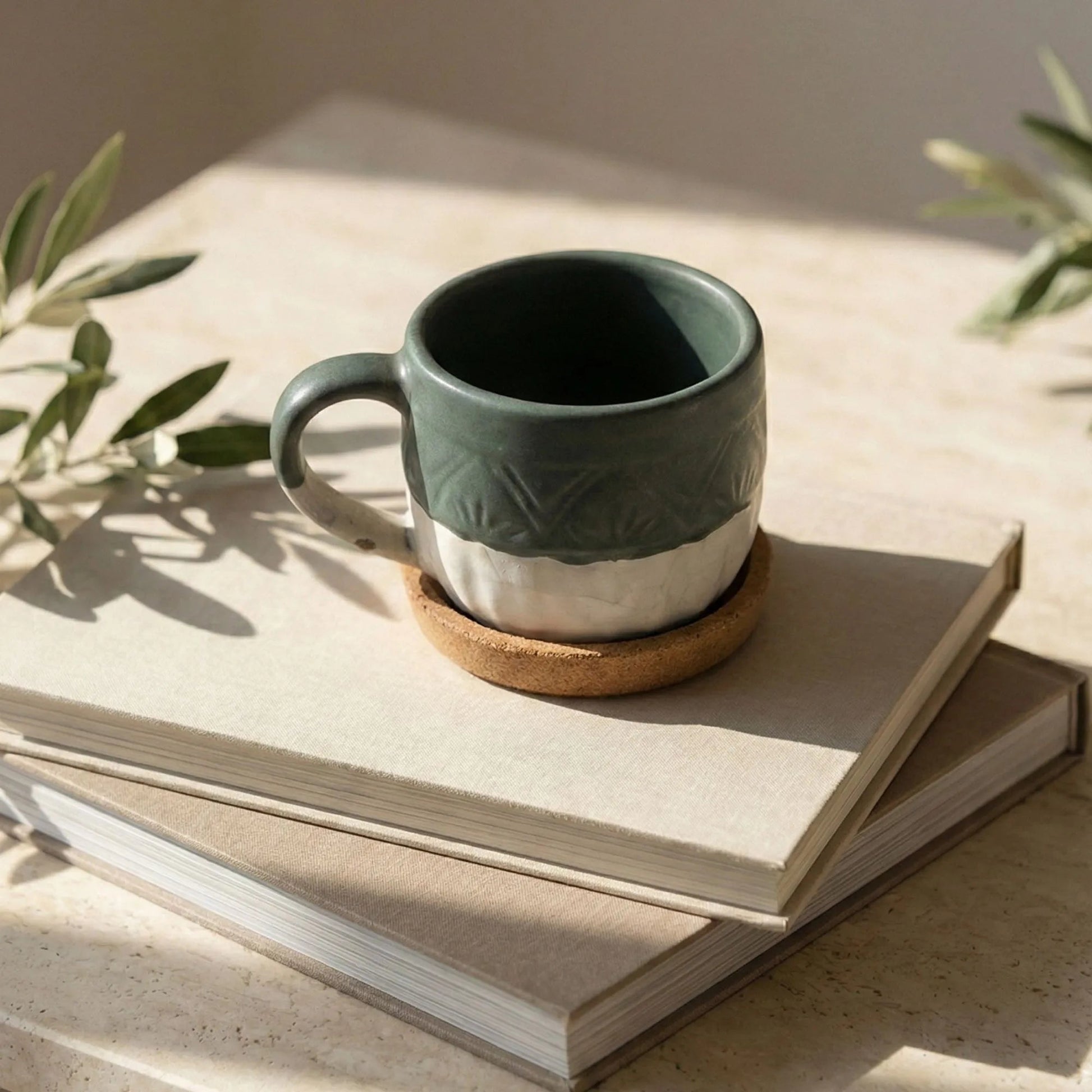 Handcrafted Sage Green Two - Tone Ceramic Mug – Embossed Earth & Sky Collection | Handcrafted by CHAAK DESIGN