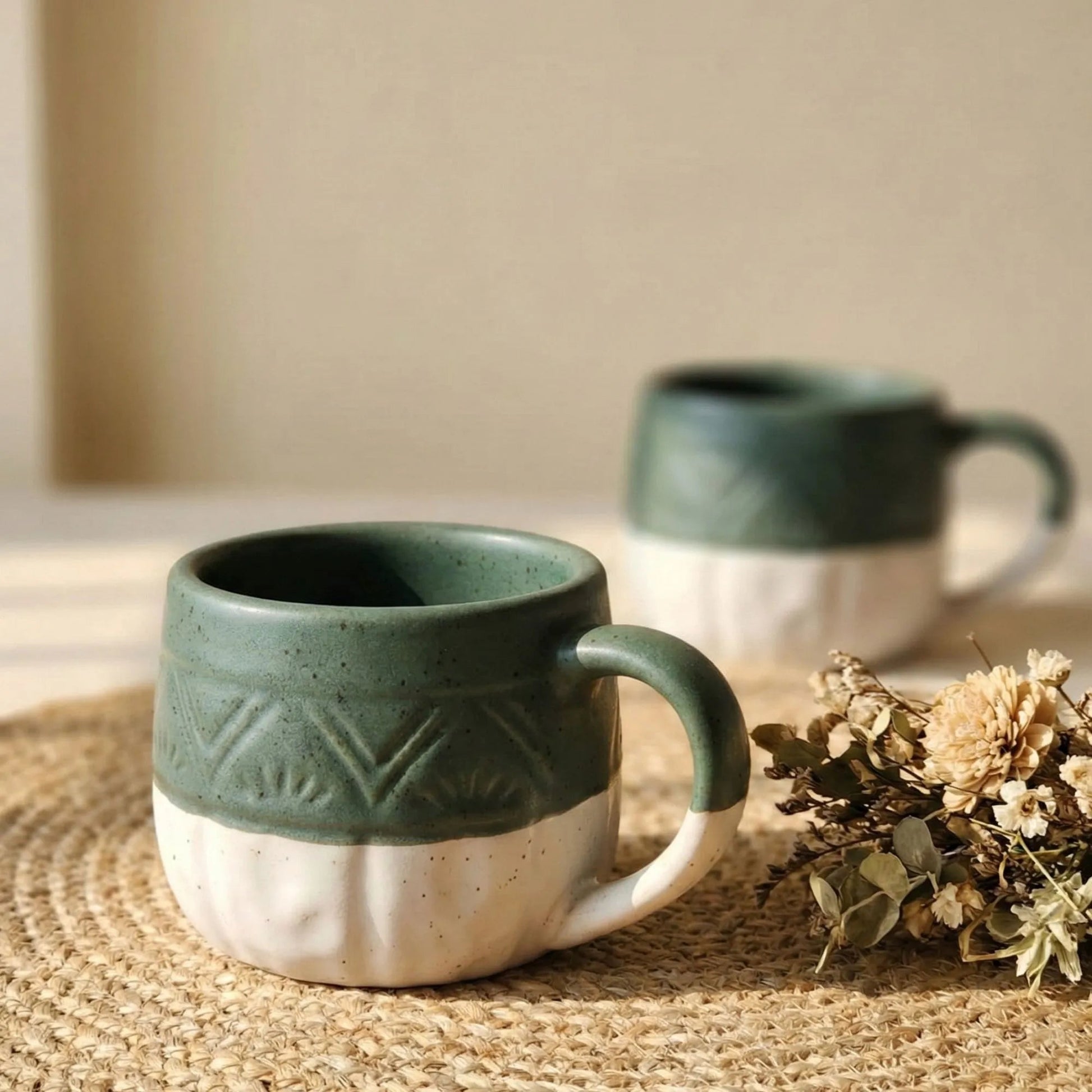 Handcrafted Sage Green Two - Tone Ceramic Mug – Embossed Earth & Sky Collection | Handcrafted by CHAAK DESIGN