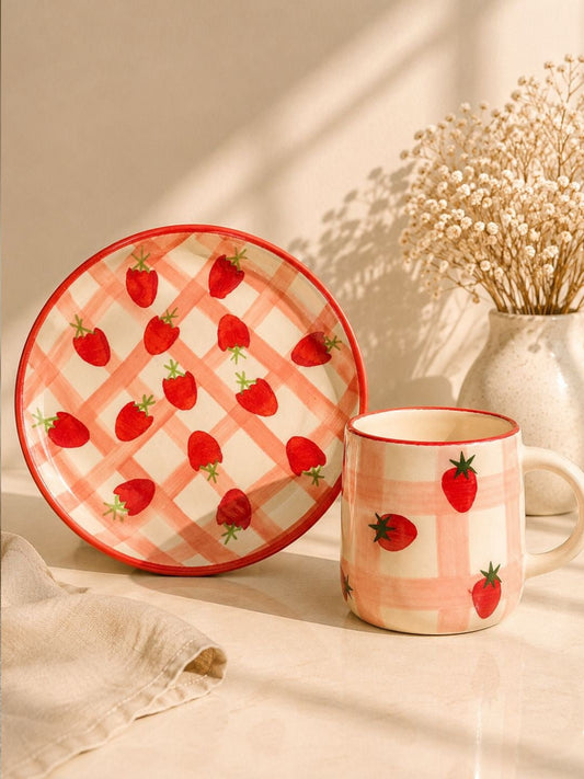 Handcrafted Strawberry Ceramic Breakfast Set | Mug & Plate Combo | Cute Breakfast Gift Set | Chaak Design | Handcrafted by CHAAK DESIGN