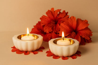 Handcrafted White Marble & Brass Diyas – Set of 2 | Luxury Decorative Tea Light Holders for Home Décor, Pooja, Festivals & Gifting | Premium Handmade Diwali Diyas for Elegant Home Decoration | Handcrafted by CHAAK DESIGN