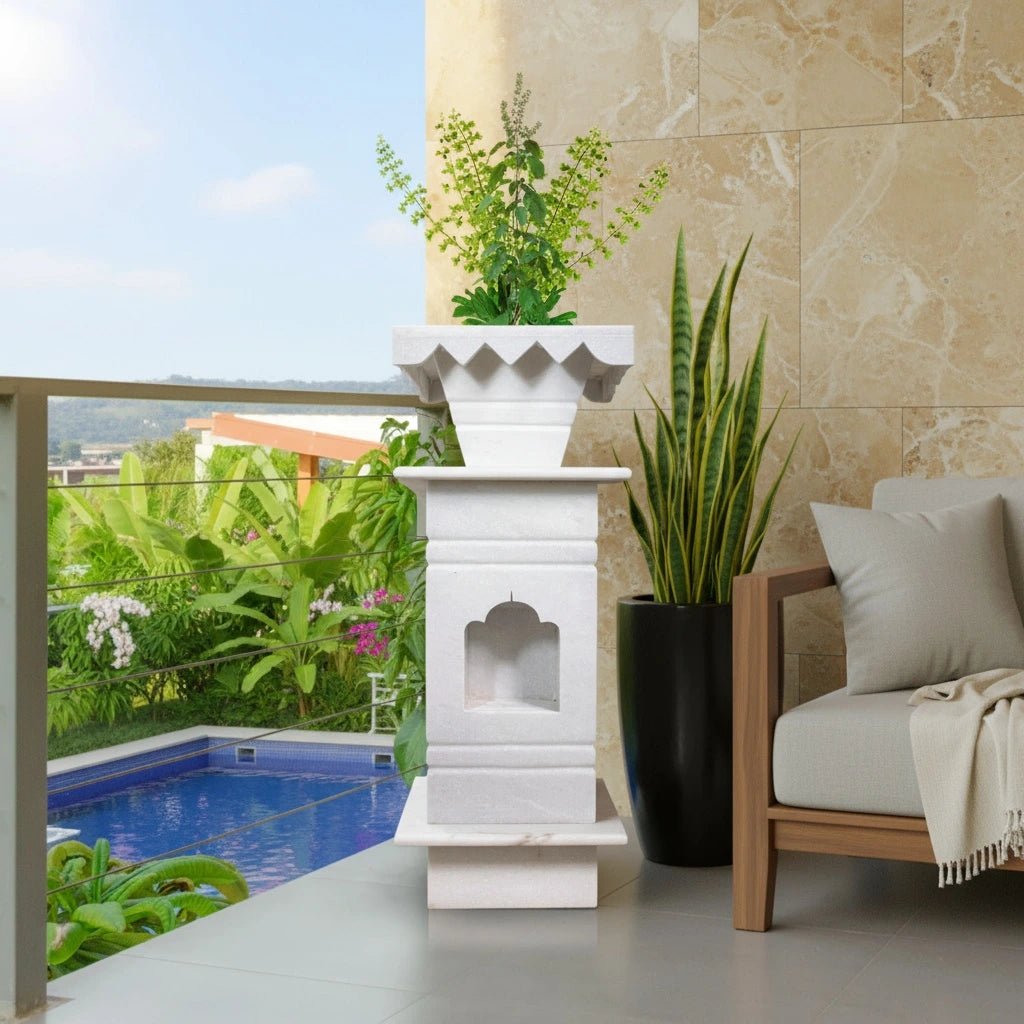 Handcrafted White Marble Tulsi Pot | Luxury Tulsi Vrindavan for Balcony | Handcrafted by CHAAK DESIGN