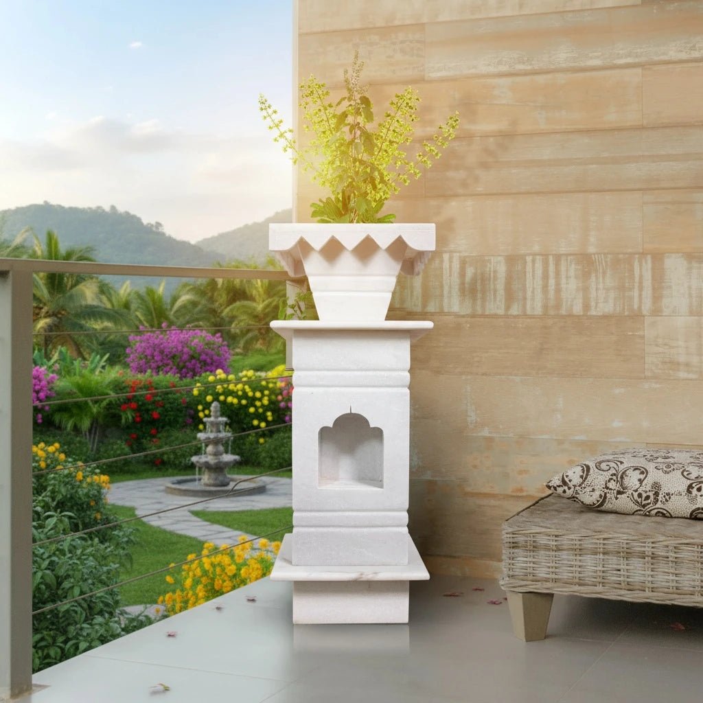 Handcrafted White Marble Tulsi Pot | Luxury Tulsi Vrindavan for Balcony | Handcrafted by CHAAK DESIGN