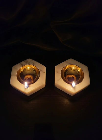 Hexagonal Marble & Brass Diyas Set of 2 | Handcrafted Luxury Décor
