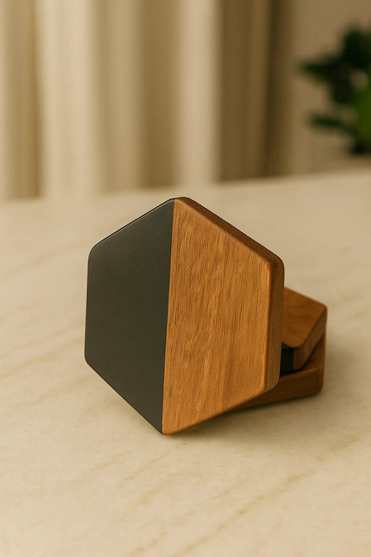 Hexagonal Wood and Black Coasters Set of 4 | Modern Minimalist Drink Coasters for Table Protection & Décor | Handcrafted by CHAAK DESIGN