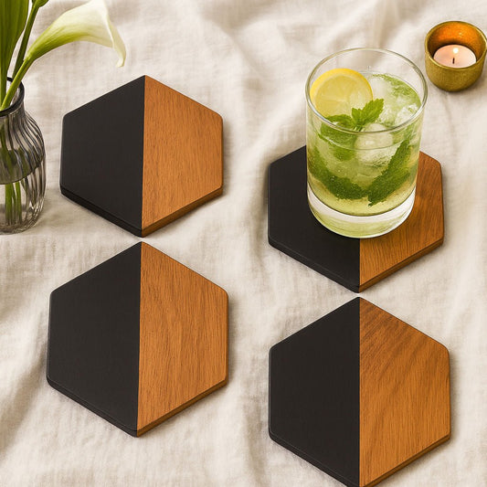 Hexagonal Wood and Black Coasters Set of 4 | Modern Minimalist Drink Coasters for Table Protection & Décor | Handcrafted by CHAAK DESIGN