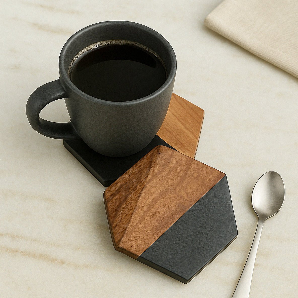 Hexagonal Wood and Black Coasters Set of 4 | Modern Minimalist Drink Coasters for Table Protection & Décor | Handcrafted by CHAAK DESIGN