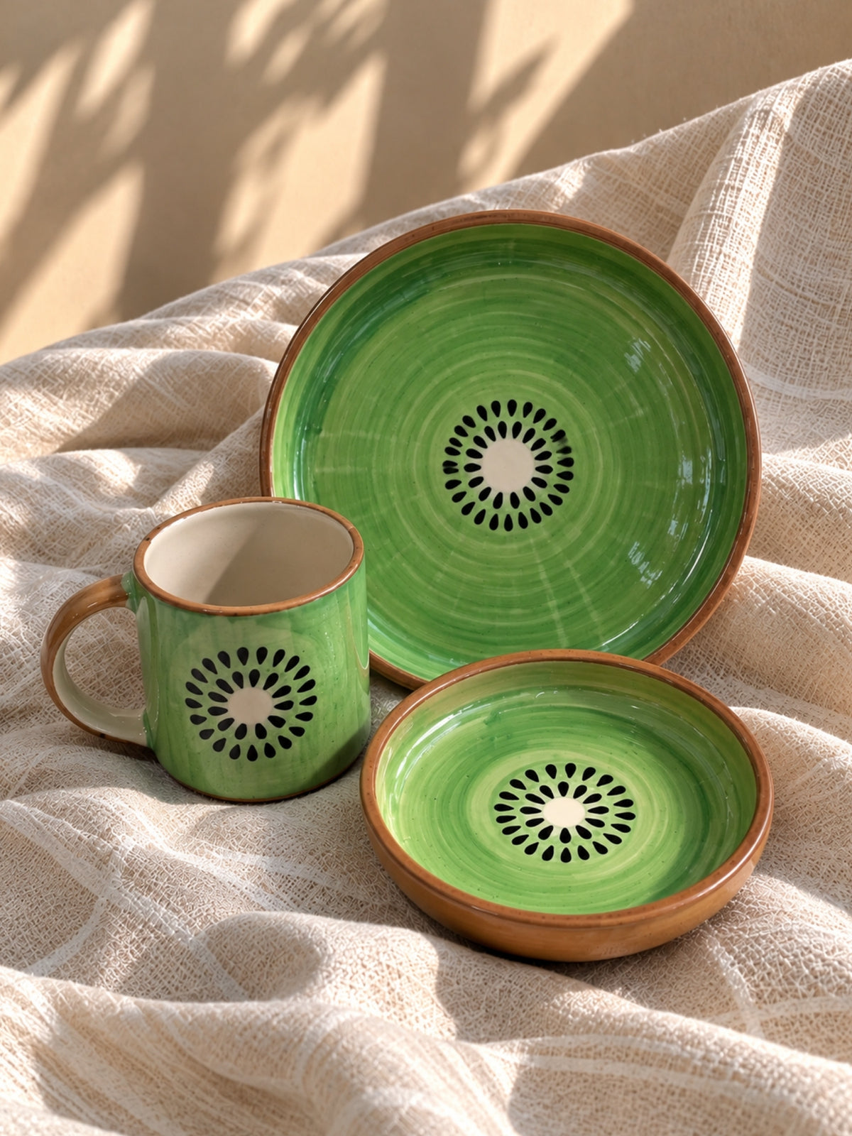 Kiwi breakfast set with hand-painted ceramic mug, plate and bowl